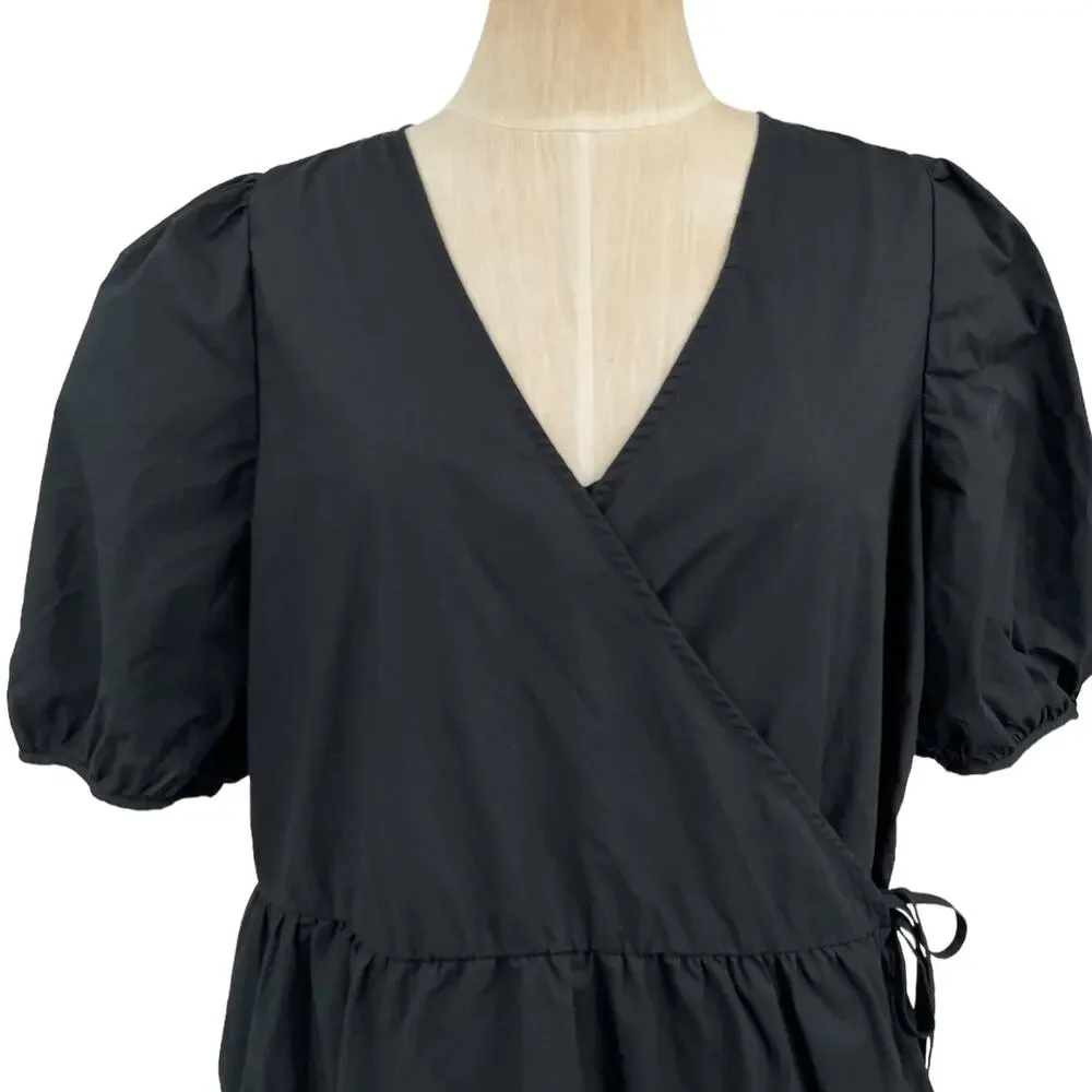 J Crew 2 pc  Black Wrap Dress & Slip Short Puff Sleeves Tiers Size Large NEW